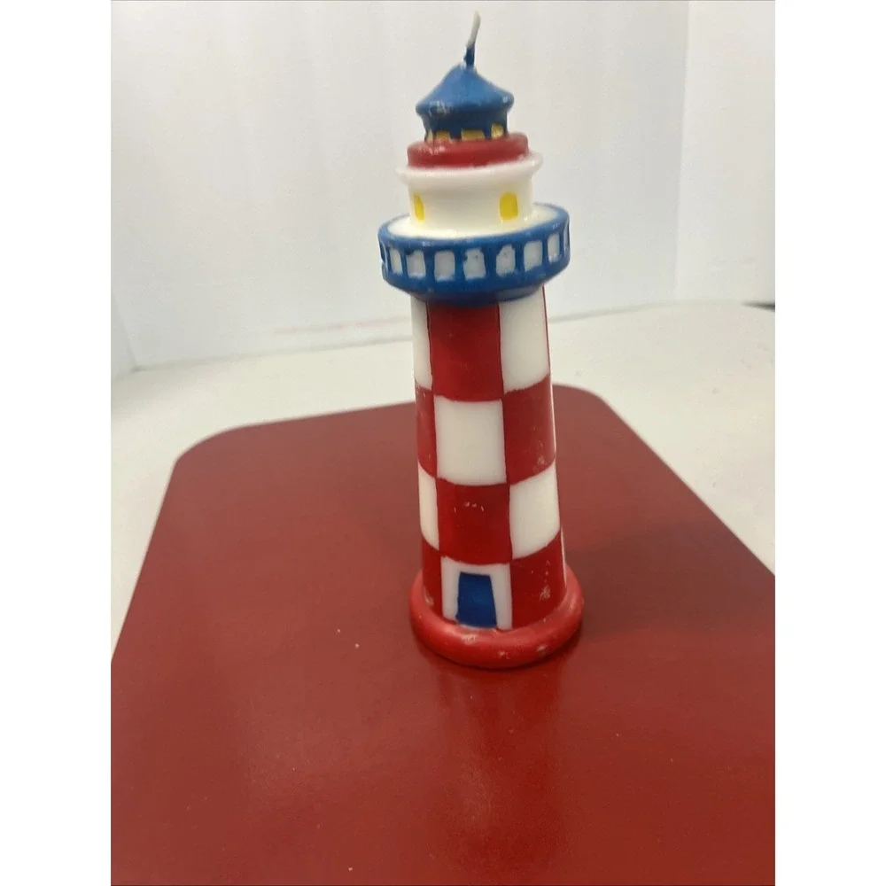 Vtg Lighthouse‎ Wax Candle Figurine Red/Blue/White 9